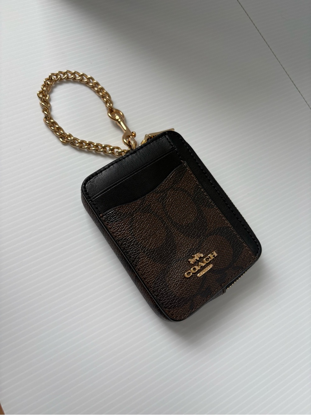 Coach Brown Signature Card Case Wristlet with Black Trim and Gold Chain - Picture 2 of 5
